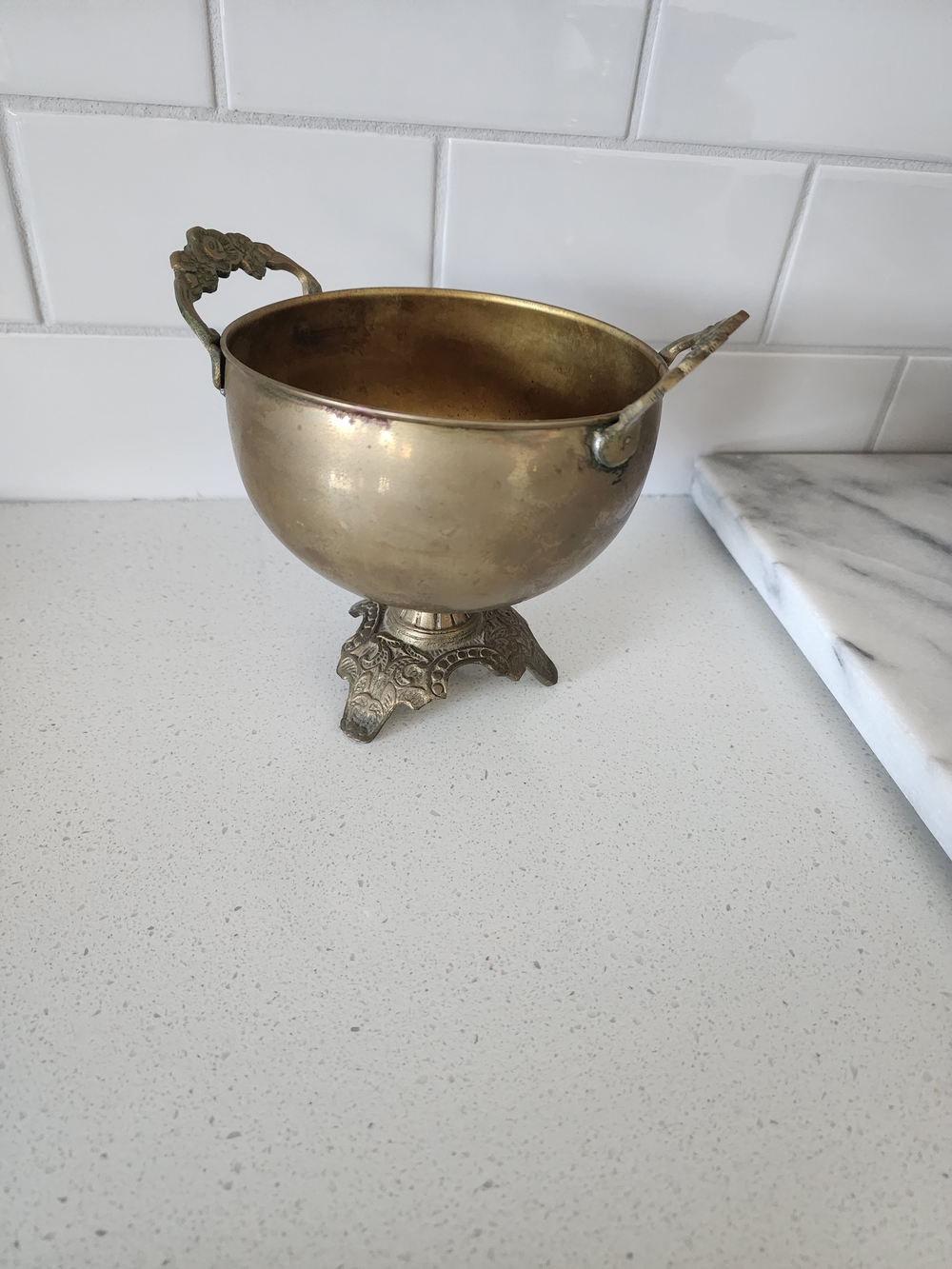 Decorative Brass Bowl with Ornate Handles